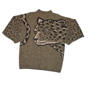 Vintage Justin Allen Mock Neck Cheetah Leopard Print Knit USA Chunky Sweater